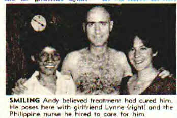 Andy Kaufman after cancer treatment, with Lynne Margulies and a nurse, he thought the treatment was successful - HeadStuff.org