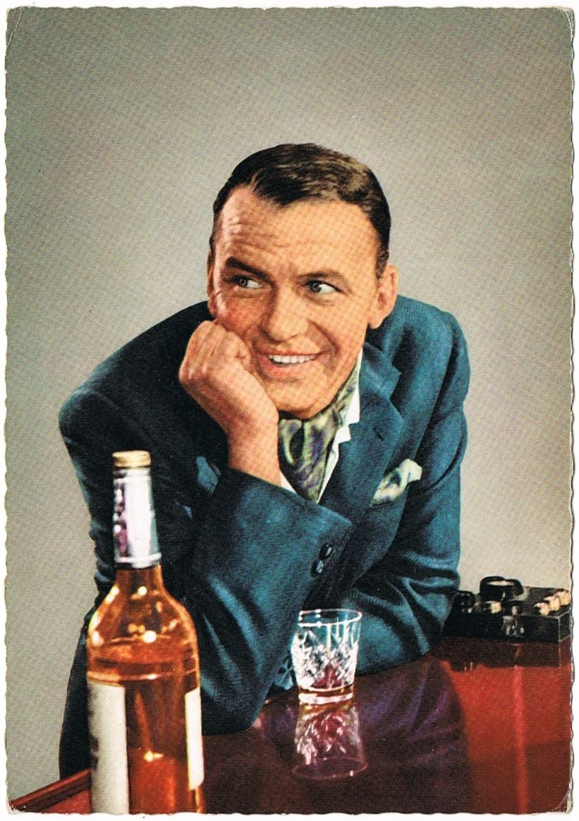 Frank Sinatra with a glass of bourbon, whiskey, old blue eyes in art, old european picture crooner, las vegas, new york, the bourbon baritone - HeadStuff.org