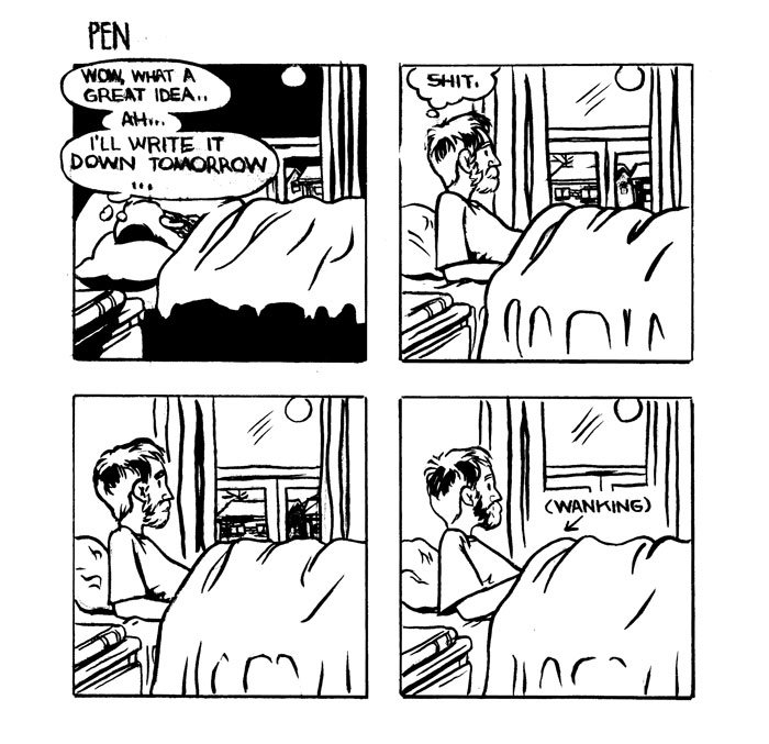 Five Hour Breakfast comic strip number 3, wank, ideas, losing ideas, forgetting - HeadStuff.org