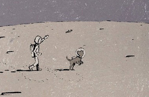 Jacob Stack, Illustrator, artist, drawings, space, moon, no fetch allowed, moon landing, apollo 11, NASA, astronaut with dog on moon - HeadStuff.org