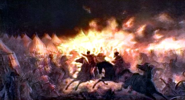 The Battle with Torches (depicting Vlad's night attack on the Turkish camp) by Theodor Aman, a 19th century Romanian artist considered to be one of the fathers of Impressionism, Dracula, Mehmed, Vlad Tepes, Vlad the Impaler, painting of war, ottoman empire - HeadStuff.org