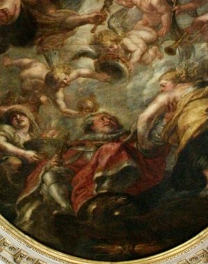 A painting by Rubens on the roof of the Banqueting House in Whitehall shows James being carried off to heaven, death of James I, charles I, spanish infanta, war, parliament, protestant, catholic, england, scotland, the gun powder plot, james stuart - HeadStuff.org