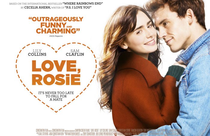 Love, Rosie film poster, movie, romantic comedy by Cecilia Ahern starring lily collins, video review - HeadStuff.org