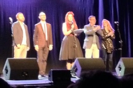 The Welcome to Night Vale cast take to the stage for their curtain call. Fink, Baldwin, Bashwiner, Cranor and Epworth - HeadStuff.org
