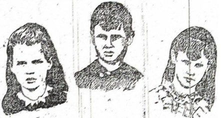 A newspaper composite of photographs of the three murdered Pitzel children. From left to right: Nellie, Howard and Alice - HeadStuff.org