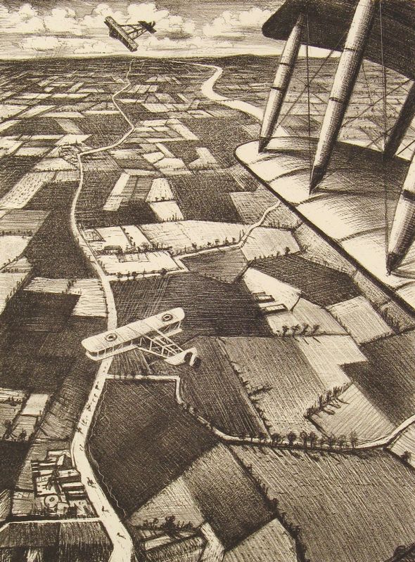 Nevinson, Christopher Richard Wyne (1889 - 1946)     No. 40 "In the air" [From 'The Great War: Britain's Efforts And Ideals shown in a series of lithographic prints: 'Building Aircraft' series]  Lithograph on paper  40 x 29.9 cm  Presented by the British Ministry of Information, Armistice Day, ww1 - HeadStuff.org