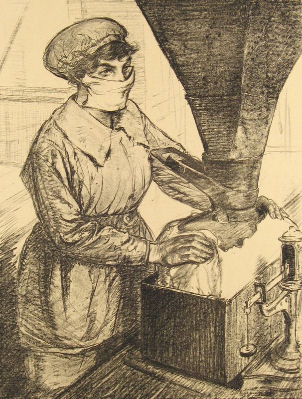 Hartrick, Archibald Standish (1864 - 1950)  No. 59 "On Munitions: Dangerous work (Packing T.N.T.)" [From 'The Great War: Britain's Efforts And Ideals shown in a series of lithographic prints: 'Women's Work' series]  Lithograph on paper  50.8 x 40.7 cm  Presented by the British Ministry of Information, world war one, women workers - HeadStuff.org