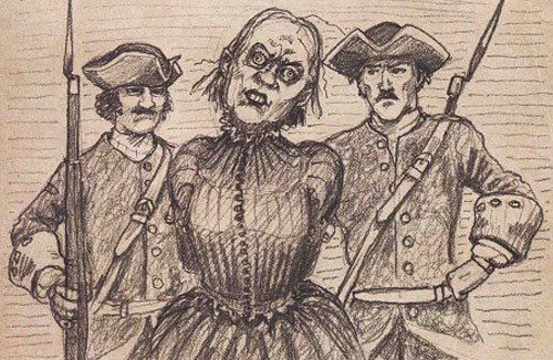 Marie-Josephte Corriveau in custody, a somewhat unsympathetic illustration by Alexandre Girard for Créatures fantastiques du Québec - HeadStuff.org