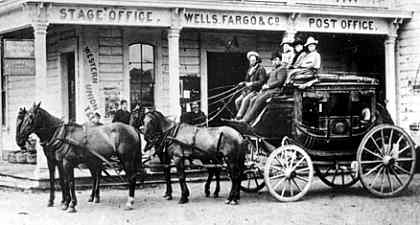A Wells Fargo stagecoach, usually transporting two or three passengers and a quantity of small but valuable cargo - HeadStuff.org