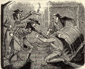The original moriarty, con man, Jonathan Wild and his men arresting a would-be freelance burglar named Butler, who had tried to hide under a bathtub - HeadStuff.org