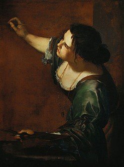 Renaissance painting of a woman in a green dress with dark hair using a paint brush - HeadStuff.org