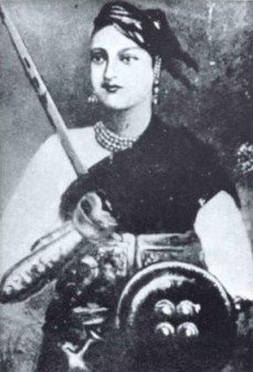 Black and white painting of Lakshmi Bai iwith sword and shield - headstuff.org