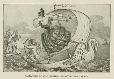 Newpaper caricature of Lola Montez sailing to America - headstuff.org