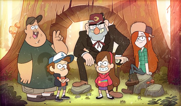 The main characters in Gravity Falls. l-r Soos Dipper, Stan, Mabel, Wendy - HeadStuff.org