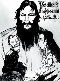 A caricature of Rasputin controlling the imperial family - headstuff.org