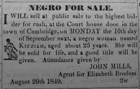 Clipping advertising the sale of Harriet's niece Kessiah - headstuff.org