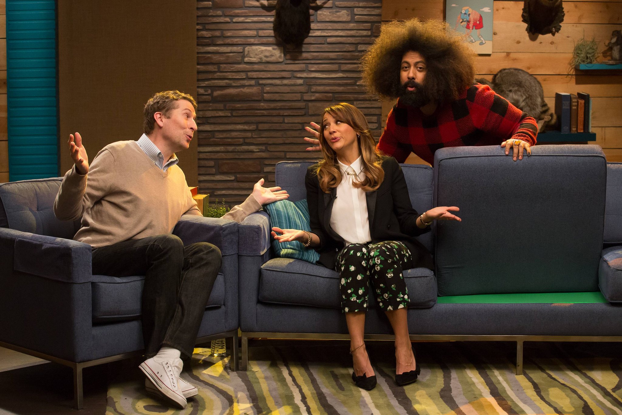 Scott Aukerman, Rashida Jones, and Reggie Watts in Comedy Bang Bang (via IFI)