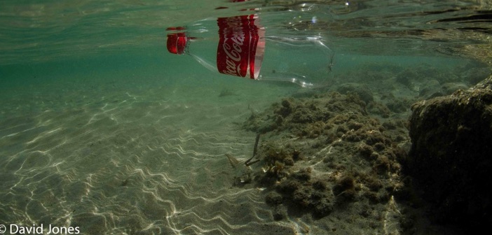 plastic coke bottle in ocean