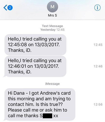 An iMessage saying "Hi Dana - I got Andrew's card this morning and am trying to contact him. Is this true?"