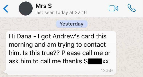 a WhatsApp message saying "Hi Dana - I got Andrew's card this morning and am trying to contact him. Is this true?"