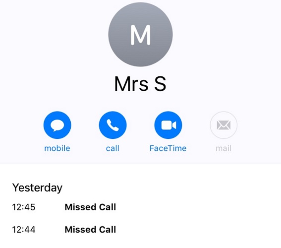 Two missed calls from Mrs S
